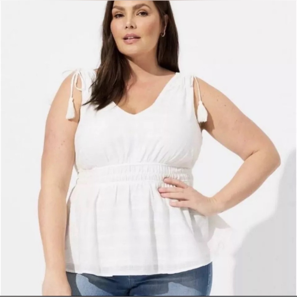 Torrid 5X White Window Pane 100% Cotton V-Neck Sleeveless Tassel Tank NWT
